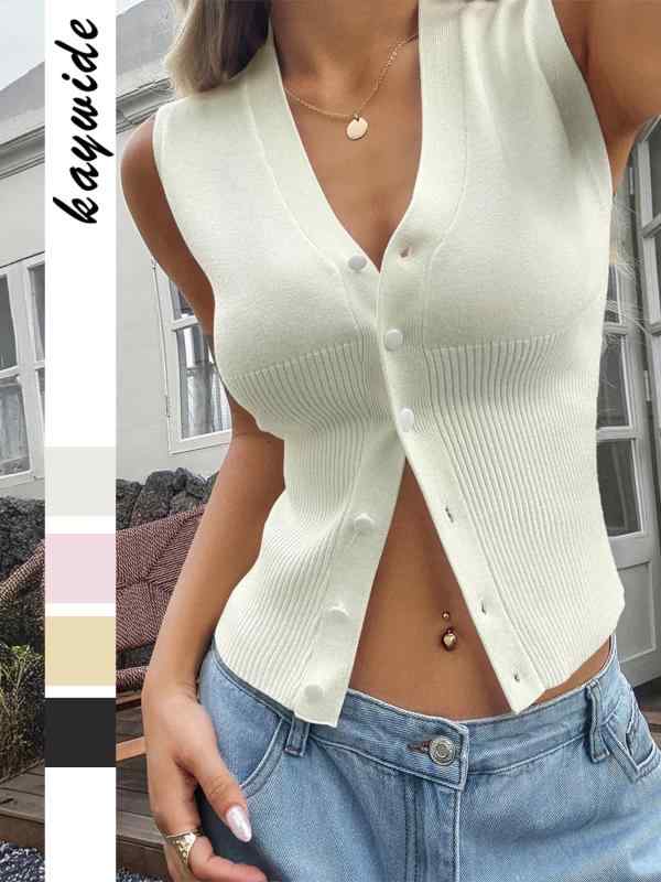 Camisoles - ベスト レディース Vネック ニット ショート丈 カーディガン 無地 トップス ノースリーブ 接触冷感 伸縮性 修身 米白色 黒 ブラック ピンク系 黄色