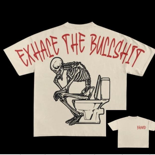 Three-Quarter - Tシャツ 男性用 ストリート アメカジ 半袖 トップス カットソー プリント イラスト クルーネック 綿 骨柄 ブラック系 カーキ系