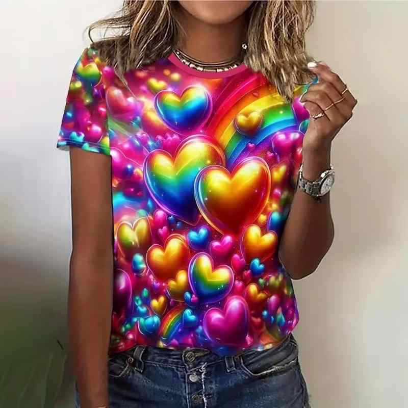 Tシャツ レディース 半袖 ラウンドネック 3Dプリント ハート柄 ゆったり カットソ...