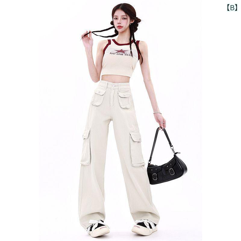 パンツ レディース カーゴパンツ ストレート デニム ハイウエスト ゆったり ワイド...