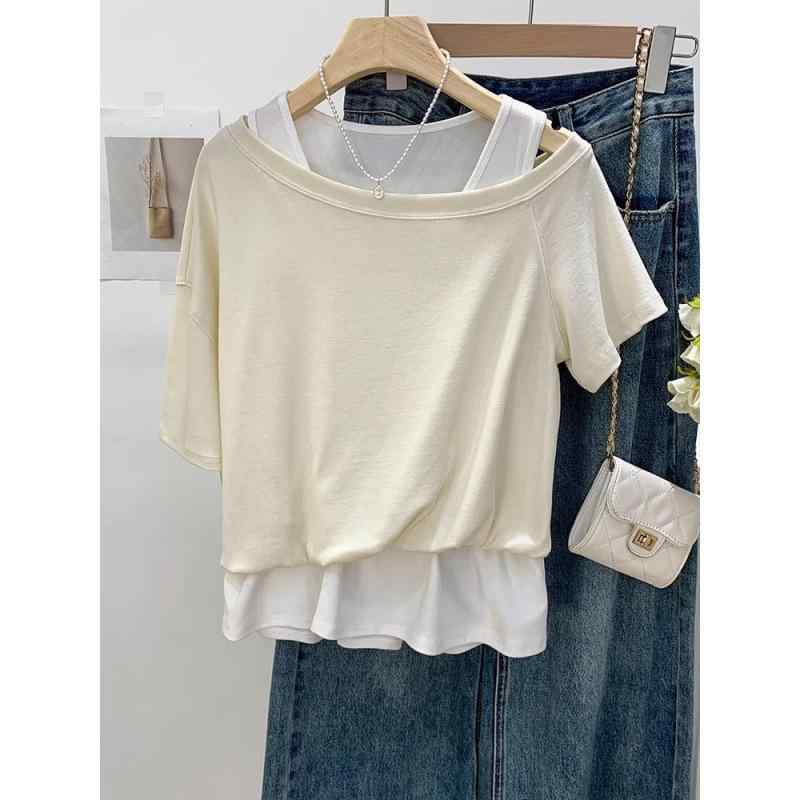 韓国風 切り替え ドレープ風 2点風 別生地 短袖 Tシャツ レディース 夏 春夏・主な素材: 綿/綿・主面料成分: 綿/綿・主面料成分2: 綿/綿・款式: 假2件セット・袖丈: 半袖・工艺: 切り替え・版型: ゆったり型・領型: 一文字ネック・袖型: 通常タイプ・流行要素: 無地・カラー展開: 灰色、青色、あんず色、黒色・サイズ展開: S、37.5-42.5kg、M、42.5-50kg、L、50-57.5kg、XL、57.5-62.5kg・風格タイプ: 上品通勤・風格: 都市風・製品カテゴリ: Tシャツ