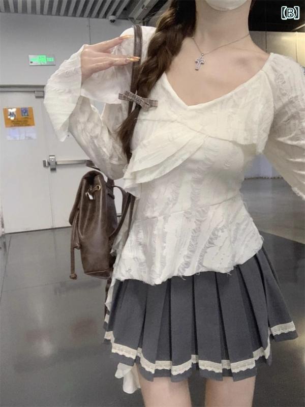 シャツ レディース 春 長袖 不規則 レトロ ヴィンテージ風 ダメージ加工 切り替え フリル フリルカラー 立ち襟 ティアード トップス ブラウス 薄手 普段使い カジュアル 通学 通勤 デート かわいい おしゃれ e-myshop-11055609 イーマイショップ サンプル画像3