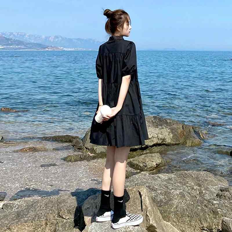 ワンピース レディース 春夏 妊婦 マタニティ 襟付き シャツドレス 膝丈 ミディ丈 半袖 褶皺加工 ギャザー フェミニン エレガント ブラック 普段使い お出かけ 体型カバー 楽ちん ゆったり