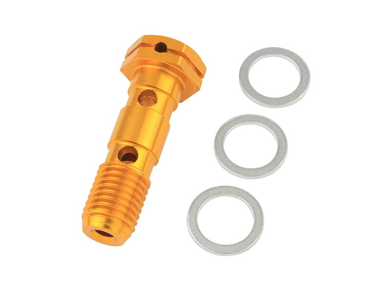 【品名】 バンジョーボルト　ダブル(W)　M10-P1.25 【品番】 950020-04 【特徴】 アルミ削り出しのバンジョーボルト ◆M10xP-1.25（ダブル） ◆ガスケット3枚付属 ◆アルミ削り出し／アルマイト仕上げ ◆日本製 【仕様】 カラー：ゴールド 【注意】 ・基本的にお取り寄せでのご用意となります。 ・ご注文後でも欠品や完売・納期未定の場合がございます。 ・ご注文後、メールにて発送予定をご案内いたします。 ・注文商品が欠品・完売・納期未定の場合注文は、キャンセルさせて頂きます。 ・お急ぎの場合は、ご注文前にメールにて納期をごお問い合わせください。 ・掲載画像は、イメージ画像を使用しております。 ・基本的に返品・交換・キャンセルは、お受け出来ません。 ・適合・使用・取り付けに関しては、お客様にて判断の上お願い致します。