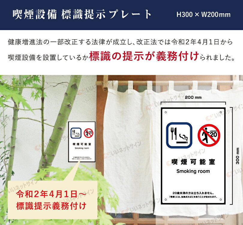【喫煙可能室】 喫煙設備 標識提示 プレート H300×W200mm / 受動喫煙対策 副流煙対...