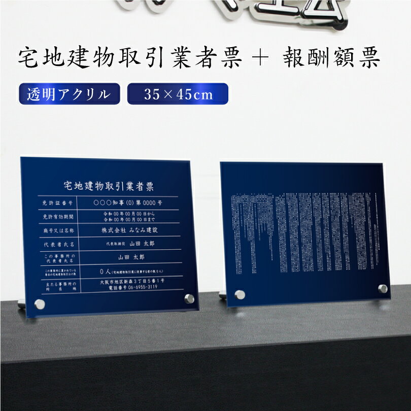 【期間限定P5倍】 【透明アクリル 紺青色 自立タイプ 】宅地建物取引業者票(令和7年4月1日施行版)＋報酬額票（ 令和6年7月1日施行版） 2点セットH35×W45cm 自立タイプ 透明アクリル 宅建 業者票 宅建表札 不動産許可書 事務所 法定看板 看板 おしゃれ
