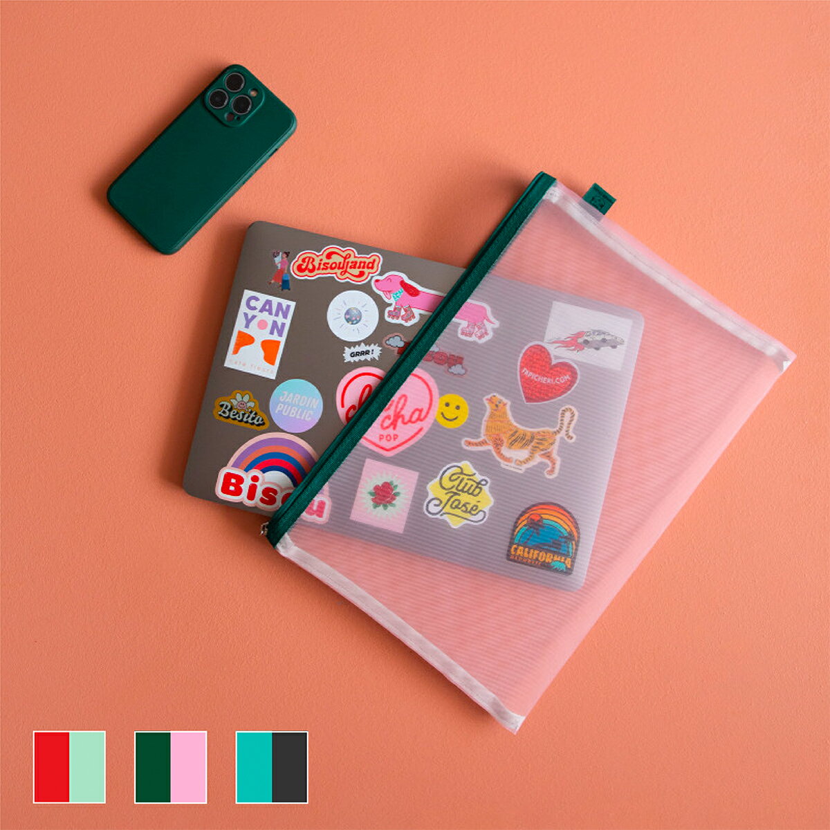 樂天商城 - PAPIER TIGRE（パピエティグル） メッシュポーチ Lサイズ A4サイズ GREEN ptpocl 全3色 パピエ 大容量 A4 A4対応 バッグインバッグ 書類整理 旅行 小物収納 小物入れ 軽量 フランス 人気ブランド おしゃれ 文具 雑貨 バイカラー