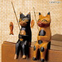 木彫り釣りネコ2匹セット 画像1