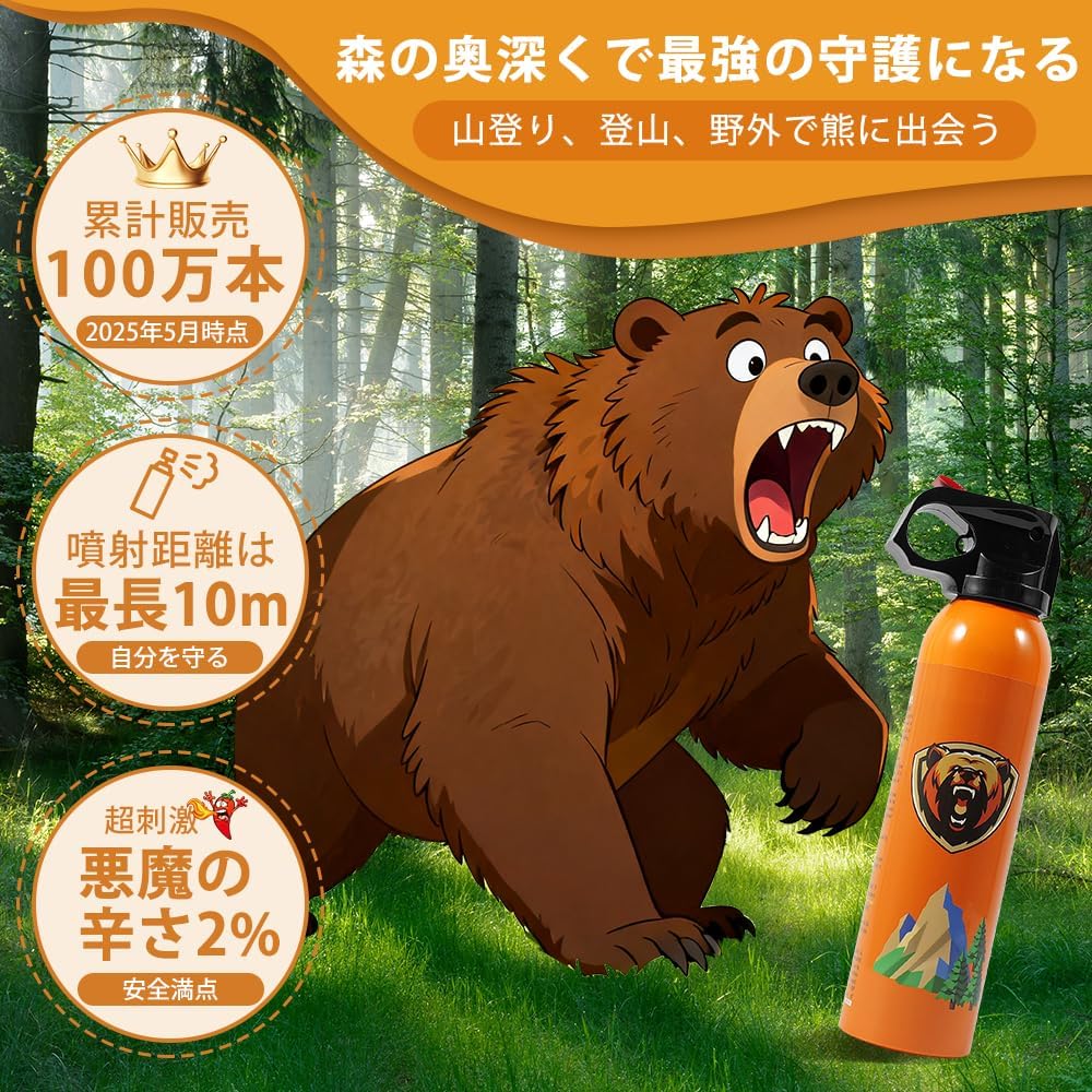 熊よけスプレー 防熊スプレー 携帯型 20～40秒連続噴射 カプサイシン2%配合 最強 ...