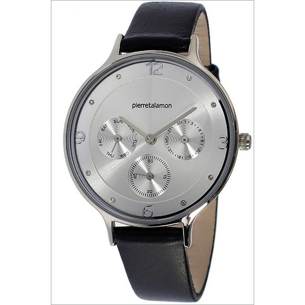 商品詳細ブランドPierre Talamon ピエール・タラモン商品番号PT-1500L-1カラー文字盤：シルバーベルト:ブラック素材ケース：ステンレス＆真鍮ベルト：レザーガラス:ミネラルクリスタル防水日常生活防水その他 クォーツ、カレンダー付 サイズケース：縦36×横36×厚さ9mmベルト腕周り：最小160〜195mmベルト幅:14mm重さ30g