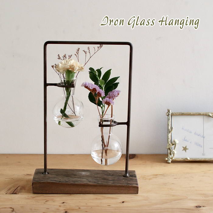【あす楽】 花瓶 フラワーベース 一輪挿し 【アイアン＆ガラスフラワーベース アイアンガラスハンギング 2ボトル DRDK2002 SOW】 フラワースタンド ガラス 北欧 おしゃれ ガーデニング 花びん 枝物 円柱 ミニ 観葉植物 アンティーク アイアン ガラス アイアンフラワーベースのサムネイル