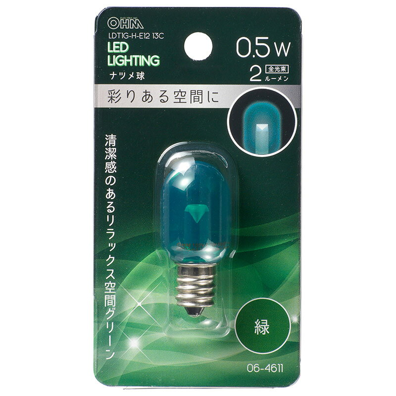 Rakuten - LED電球 ナツメ球形 E12/0.5W 緑 クリア｜LDT1G-H-E12/13C 06-4611 OHM オーム電機