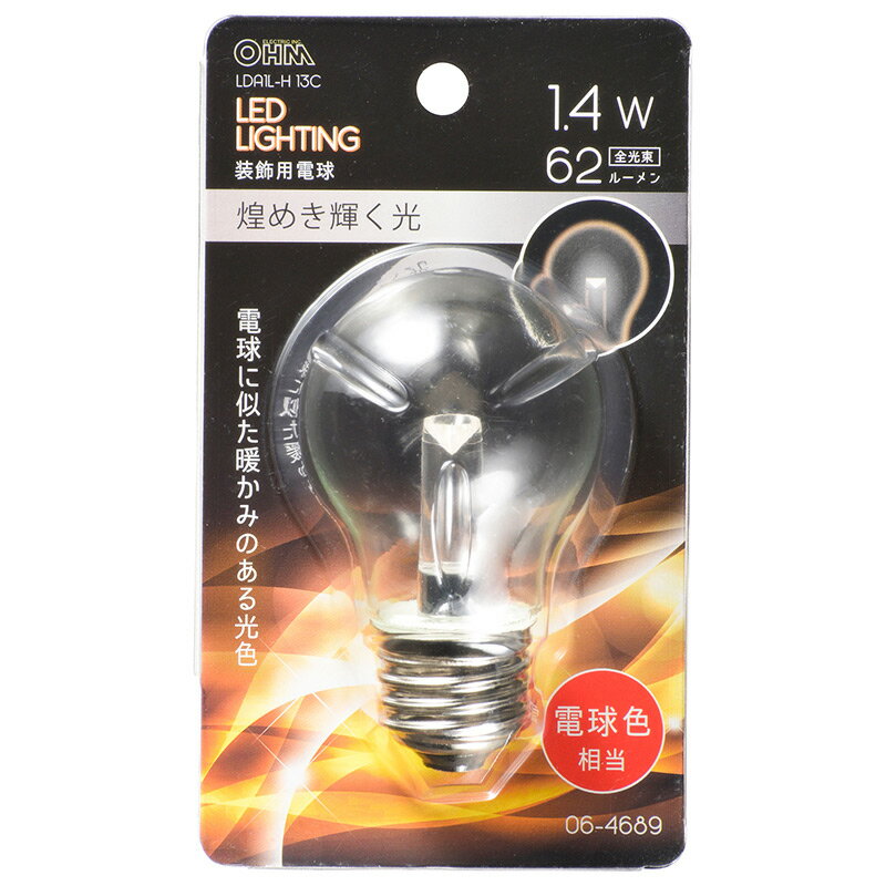 Rakuten - オーム電機 LED電球 装飾用 クリア 口金 E26 電球色 電球色 照明 おしゃれ インテリア インテリア 店舗 装飾 電球 代替 長寿命 節電 電気代 節約 コスパ｜オーム電機 LDA1L-H 13C 06-4689