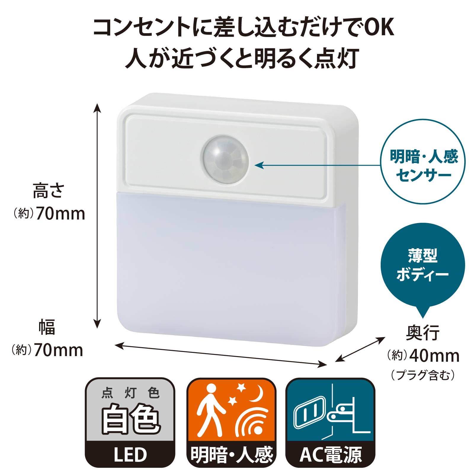 ナイトライト LED 薄型ボディー コンセント AC電源 明暗・人感センサー 自動点灯 ...