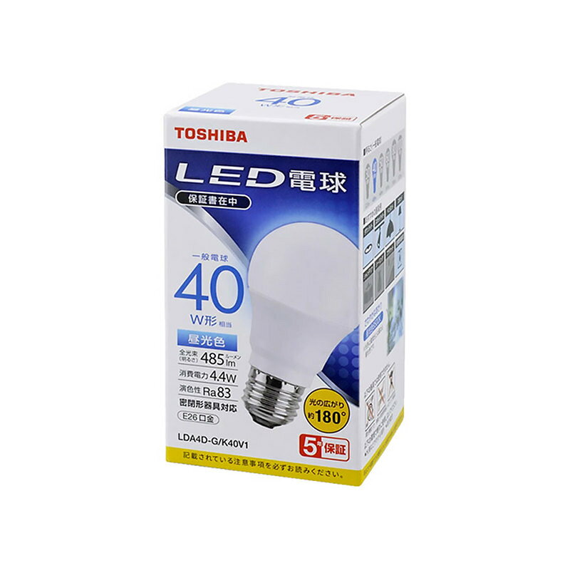 26 mm Cfl - 東芝 LED電球 口金 E26 40W 相当 昼光色 密閉形器具対応 光の広がり 約180度 5年保証｜LDA4D-G/K40V1R 16-0645