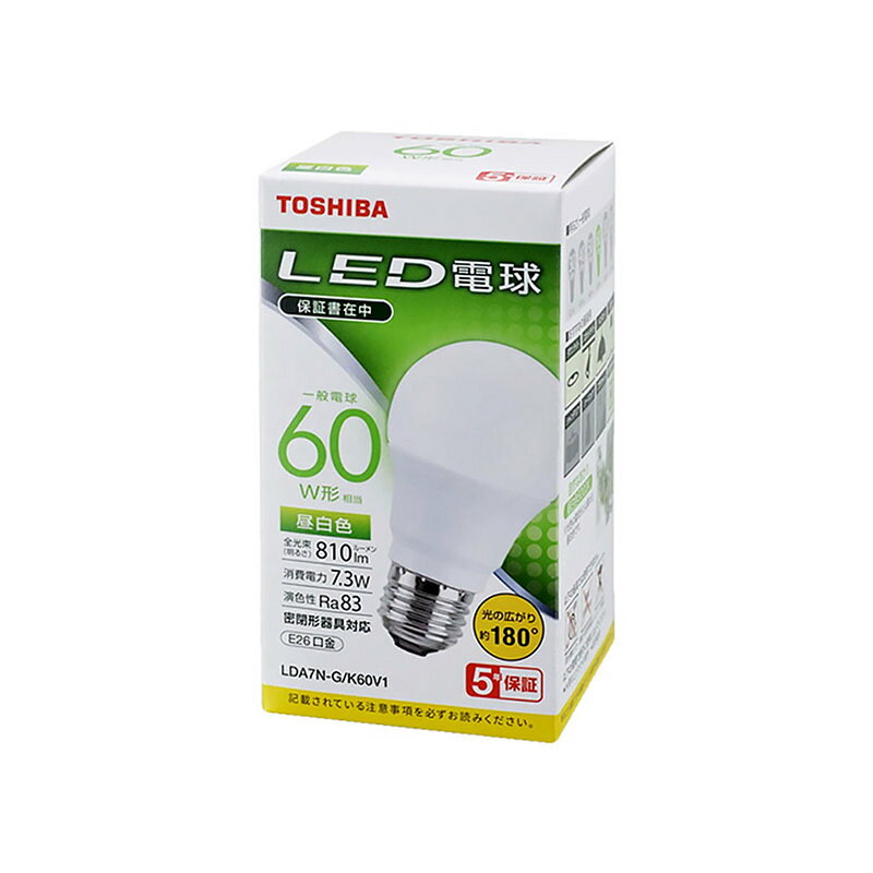 Rakuten - 東芝 LED電球 口金 E26 60W 相当 昼白色 密閉形器具対応 光の広がり 約180度 5年保証｜LDA7N-G/K60V1R 16-0650