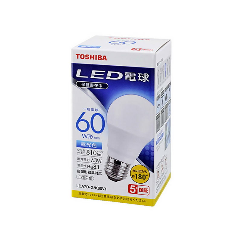 乐天商城 - 東芝 LED電球 口金 E26 60W 相当 昼光色 密閉形器具対応 光の広がり 約180度 5年保証｜LDA7D-G/K60V1R 16-0651