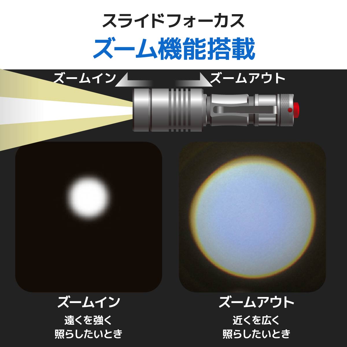 Ledkaiser レッドカイザー 懐中電灯 LED 電池式 単3形1本 最大照射 約82メートル 全光束 約250ルーメン ズーム機能 明るさ調節機能 防水 IPX6 シルバー 携帯クリップ付 ストラップ付 夜間 アウトドア 防災 避難 台風 地震｜オーム電機 LHA-KS311ZI-S2 08-1011