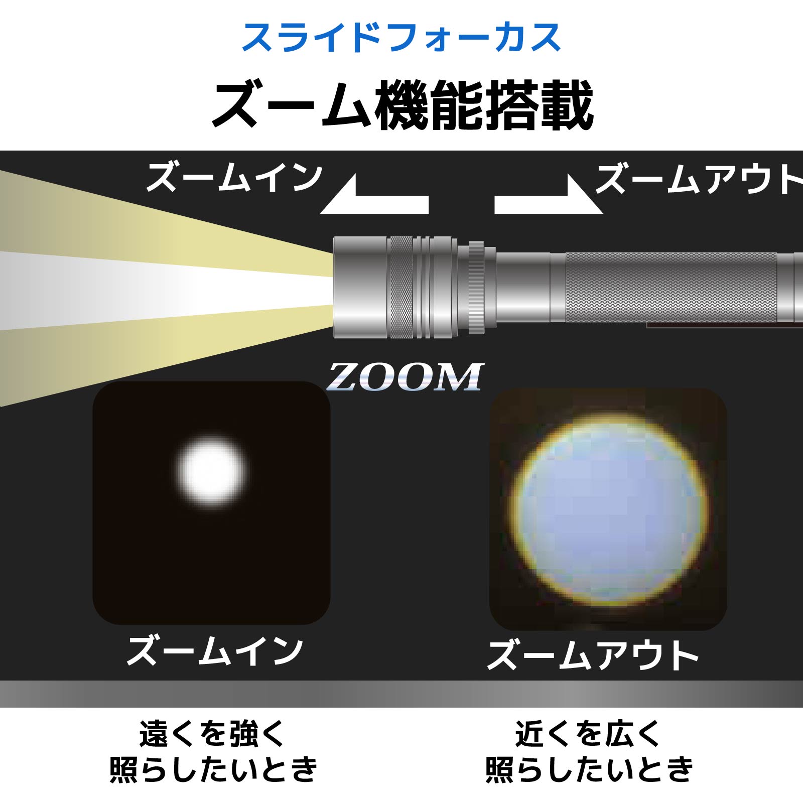 SPARKLED スパークルド 懐中電灯 LED 電池式 単3形2本 最大照射 約140メートル 全光束 約410ルーメン ズーム機能 明るさ調節機能 防水 IP66 シルバー ストラップ付 夜間 作業 アウトドア キャンプ 防災 避難 台風 地震｜オーム電機 LHA-SP410Z-S 08-1336