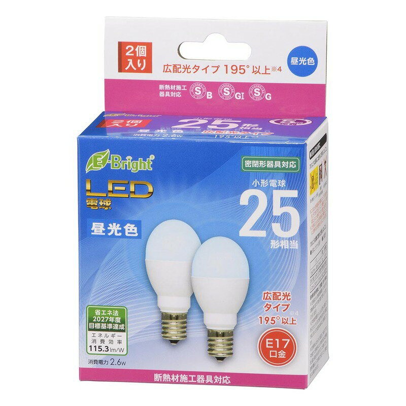 Rakuten - オーム電機 LED電球 小形 2個入 断熱材施工器具 密閉形器具 対応 口金 E17 小形電球 25W 相当 昼光色 広配光 195度 照明器具 天井照明 ミニクリプトン 電球 代替 長寿命 節電 電気代 節約 5年保証 省エネ法 2027年度目標基準達成｜オーム電機 LDA3D-G-E17 IH23 2P 06-4808