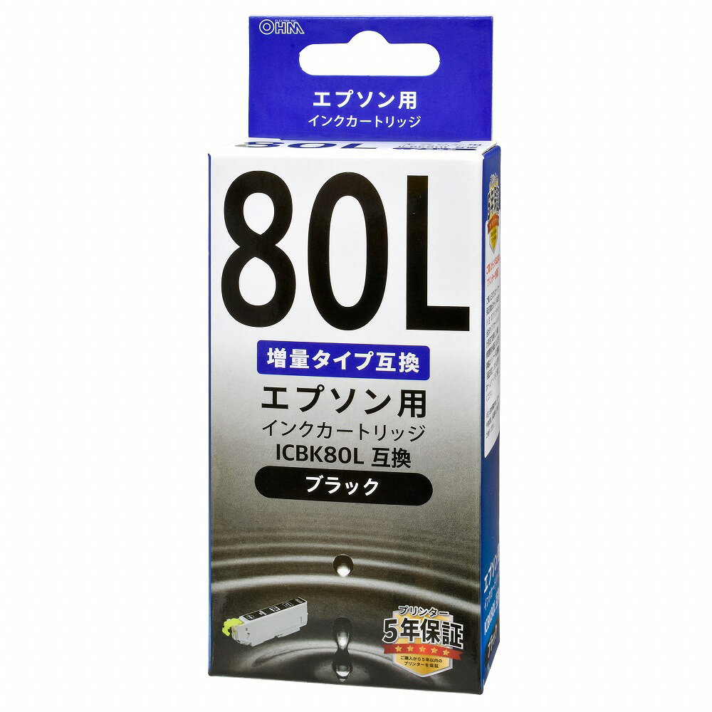 【 特 長 】 ● エプソンの純正インクカートリッジICBK80L/染料ブラックの代わりに使える互換インクカートリッジです。 ● 増量タイプ、1個入り ● 残量表示完全対応 ● この商品はプリンター5年間保証対象品です。 【 仕 様 】 ■ 適合プリンター機種（2023年11月時点）EP-707A、EP-708A、EP-777A、EP-807AB、EP-807AR、EP-807AW、EP-808AB、EP-808AR、EP-808AW、EP-907F、EP-977A3、EP-978A3、EP-979A3、EP-982A3 ≪ ご注意 ≫ ※ 適合機種以外はご使用になれません。 ※ 本品は純正インクを使用しておりません。若干の色の差が発生する場合があります。