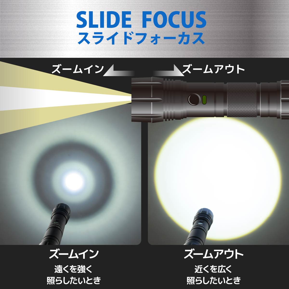 Ledkaiser レッドカイザー 懐中電灯 LED 電池式 単4形4本 最大照射 約307メートル 全光束 約1000ルーメン ズーム機能 明るさ調節機能 防水 IP66 電池残量インジケーター付 ブラック 黒 ストラップ付 夜間 アウトドア 防災 避難 台風 地震｜オーム電機 LHA-KS441PZ-K2 08-1042