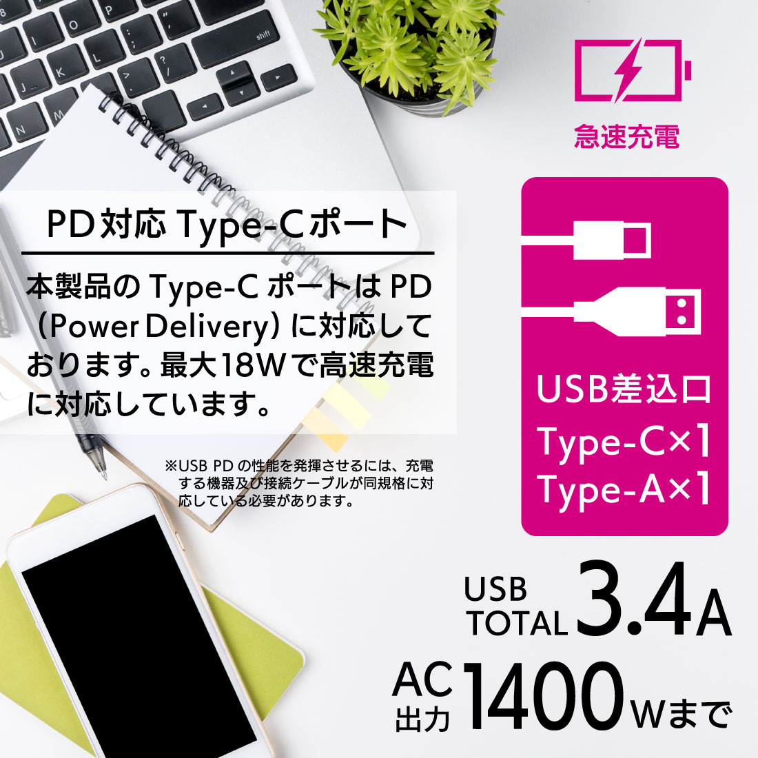 電源タップ 雷ガード 3個口 1m USBポー...の紹介画像2