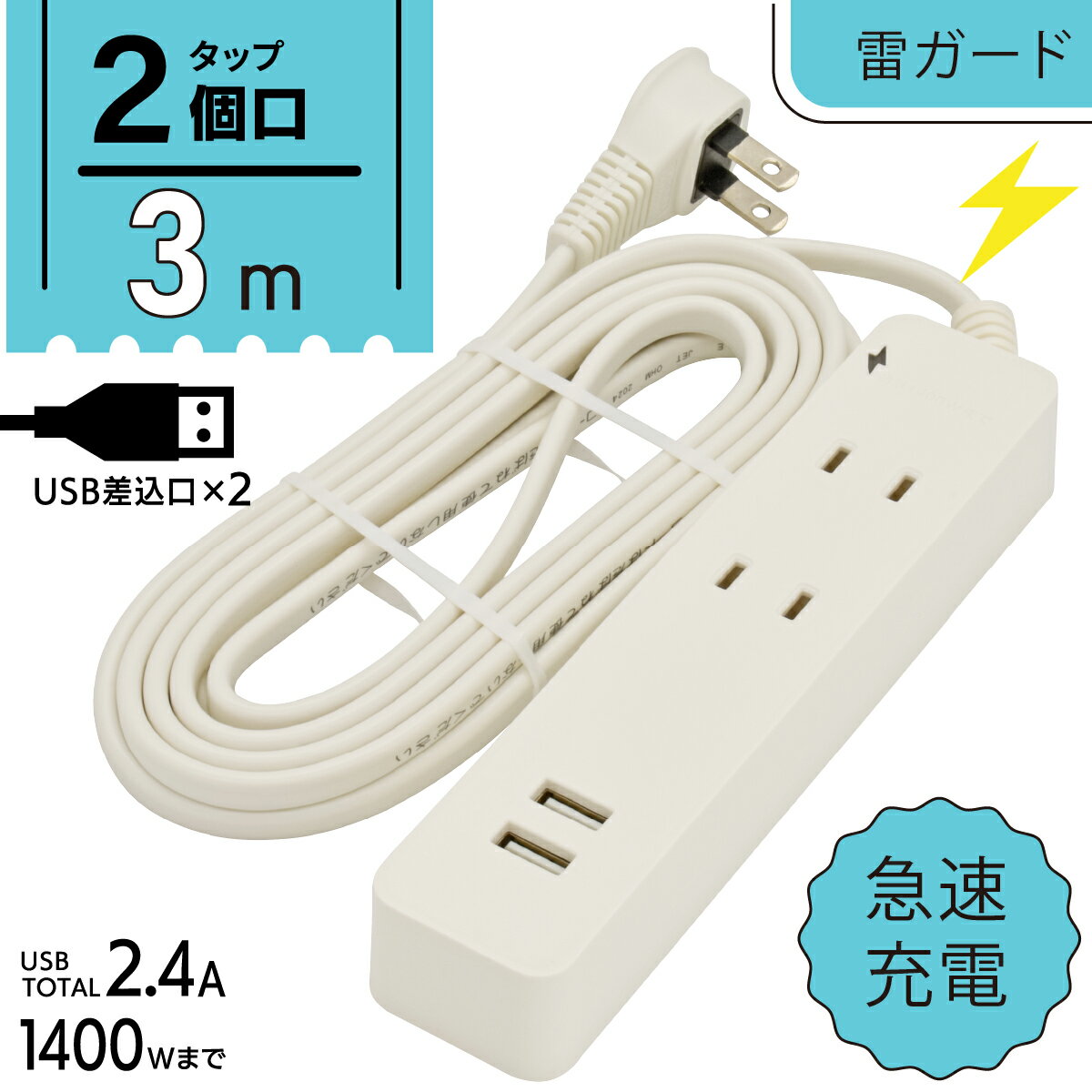 電源タップ 雷ガード 2個口 3m USBポ�