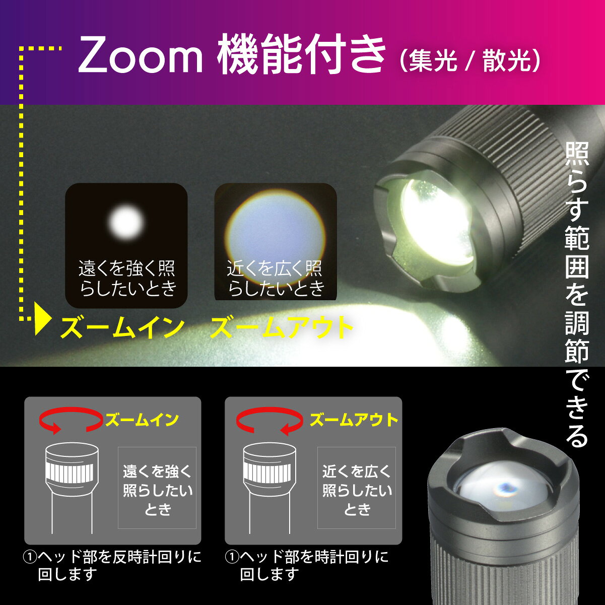 懐中電灯 LED 防水 IPX7 電池式 単3形2本 全光束 約250ルーメン ズーム機能 ストラップ付 夜間 作業 アウトドア キャンプ 防災 避難 台風 地震｜オーム電機 LHA-Z25D5 08-1639 e-price-10031209 e-プライス サンプル画像3