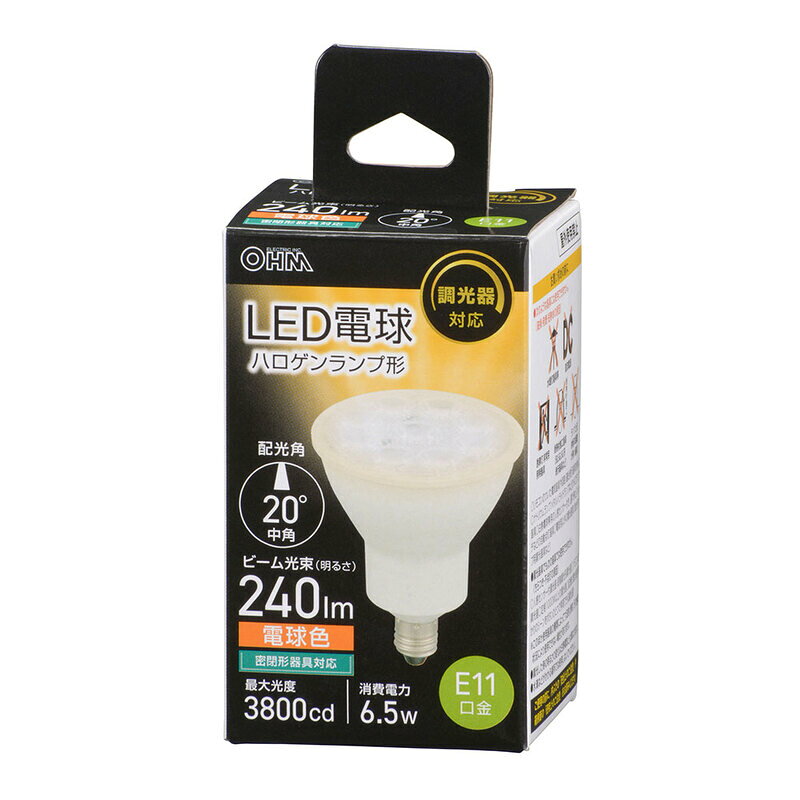 【 特 長 】 ● ハロゲンランプ形LED電球 ● 配光角20°中角タイプ ● 調光器対応 ● 密閉形器具対応 ● 電球色 ● 口金E11 【 仕 様 】 ■ 寸法：全長…約62mm、最大径…約50mm ■ 質量：65g ■ 定格消費電力：6.5W ■ 全光束：780 lm ■ ビーム光束：240 lm ■ 最大光度：3800 cd ■ 配光角 ：20度 ■ 平均演色評価数：Ra82 ■ 定格寿命：40000h ※ 屋内用（屋外使用禁止） ※ 交流電源100V 50/60Hz共用 ≪ご注意≫ ※ 次のような器具には使用できません。（破損・発煙・短寿命の原因） ・ 水銀灯器具等 ・ 直流電源 ・ 誘導灯・非常用照明器具 ・ 断熱材施工器具（SB、SGI、SG形表示器具など） ・ ランプと反射板の距離が狭い器具 ・ リモコンのついた電気器具や回路（適合表示器具を除く） ・ ナトリウムランプ・メタルハライドランプなどのHIDランプ器具 ・ 白熱電球専用の人感センサー付き、遅れ停止スイッチなどの自動点灯器具 ・ 電球用以外の調光器具（蛍光ランプ用調光器具など） ※ 調光器具でも次の器具では使用できません。（ちらつき・不点灯の原因） ・ 人感センサー付調光器・段階調光形調光器 ・ リモコン式調光器 ・ 定格1000W以上の調光器 ・ 記憶式調光器（明かりのシーンをボタンひとつで再現できる調光器） ※ このほか使用器具の種類によって寸法的、熱的、その他の状況により使用できない場合があります。 ※ 調光した時の明るさの変化は白熱電球とは異なります。 ※ 水滴などがかかる場所では使用しないでください。