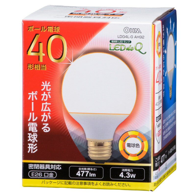 乐天商城 - LED電球 ボール電球形 E26 40形 電球色 広配光 密閉器具対応｜LDG4L-G AH92 06-0755 OHM オーム電機