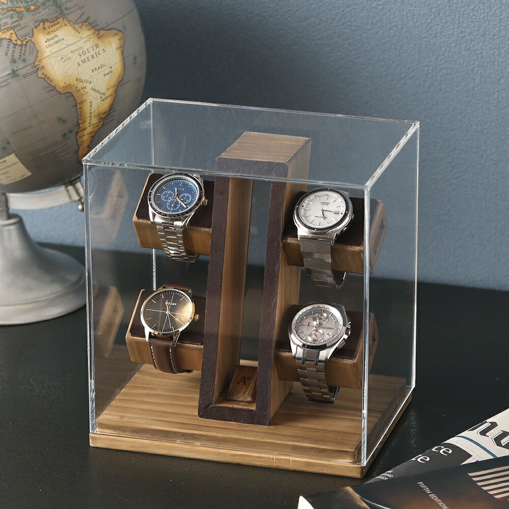 A+ (アクセントプラス) 腕時計ショーケース 4本用 (ダークブラウンレザー仕様)スタンド 時計スタンド ディスプレイ 時計置き 木製 時計ケース 腕時計ケース 4個 4本 収納 収納ケース 腕時計置き ソーラー時計 アクリル ヒノキ 檜
