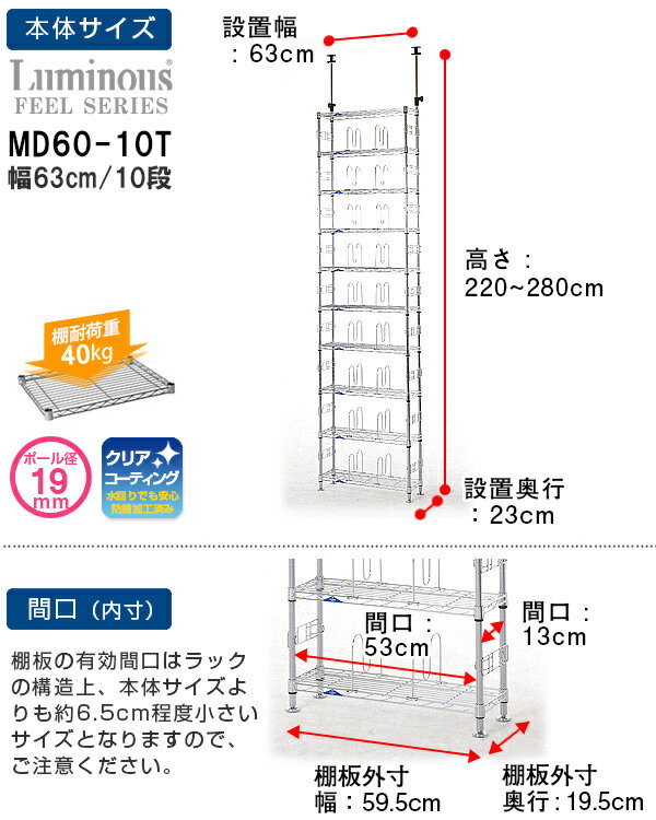 突っ張り ラック つっぱりラック 突っ張り 棚 つっぱり棚 幅60 奥行20モデル 10段 スチール メタル ラック 業務用 頑丈 壁面収納 本棚 キッチン シェルフ 天井 突っ張り棒 転倒防止 テンションラック ルミナス 正規品 フィール MD60-10T