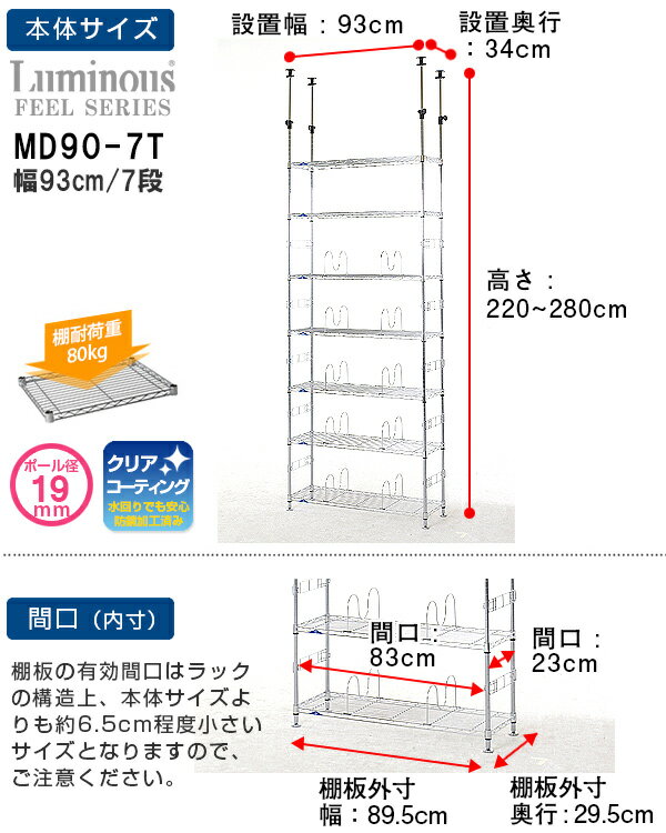 突っ張り ラック つっぱりラック 突っ張り 棚 つっぱり棚 幅90 奥行30モデル 7段 スチール メタル ラック 業務用 頑丈 キッチン 厨房 壁面収納 シェルフ 天井 突っ張り棒 テンションラック ルミナス 正規品 フィール MD90-7T