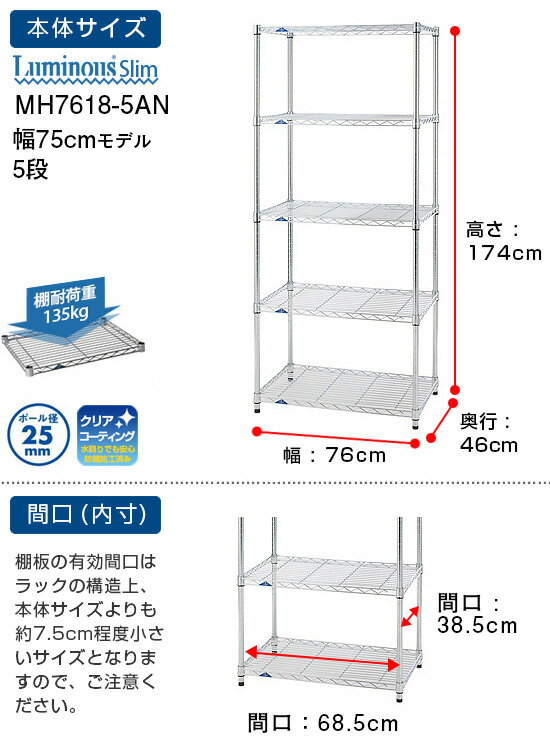 【キャスター付き】 ラック スチールラック 頑丈 業務用 防錆 メタル ラック 幅75 奥行45モデル スチール棚 シェルフ 5段 棚 収納棚 オープンラック ワイヤーラック レンジ台 厨房 倉庫 ルミナス 正規品 スリム MH7618-5AN