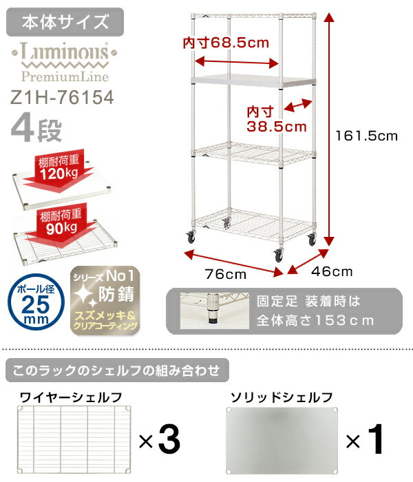 【プラチナシルバー】 ラック スチールラック 業務用 防錆 スチール棚 ルミナス プレミアムライン 純正品 ＜ソリッドシェルフ付＞ 幅75 奥行45モデル スチール メタル ラック 棚 4段 クリアキャスター付 天板付 キッチン 収納棚 z1h-76154