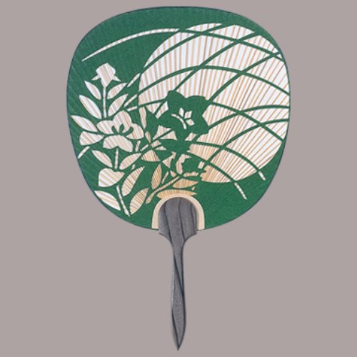 杉柄、総彫、都うちわ 手漉き和紙総彫　月に桔梗（緑） まとめ買い10本