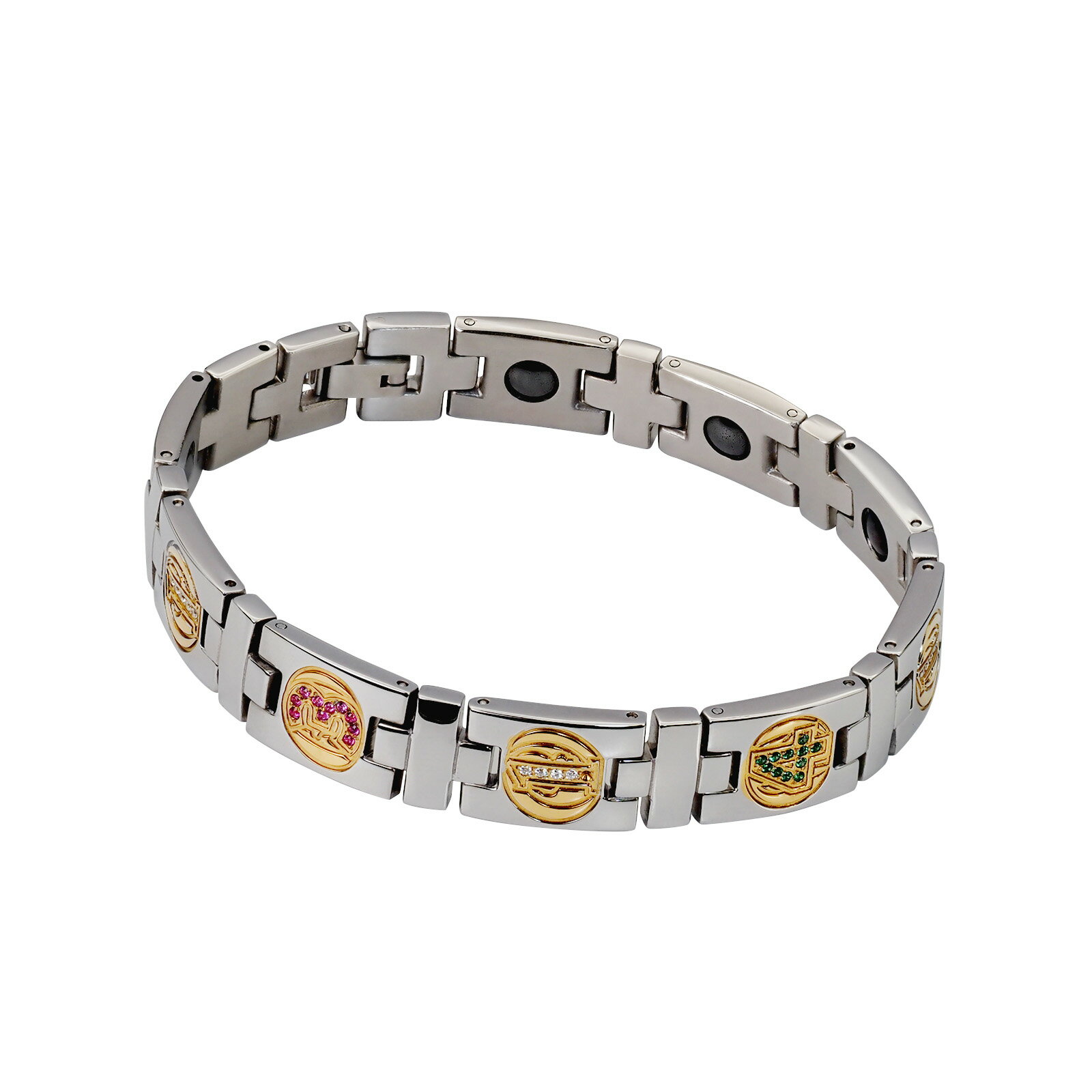ブレスレット サージカルステンレス ゲルマニウム×マグネットの磁気ブレスレット カラフルな数字模様入り キュービックジルコニア付き 銀色 シルバー 金色 ゴール...
