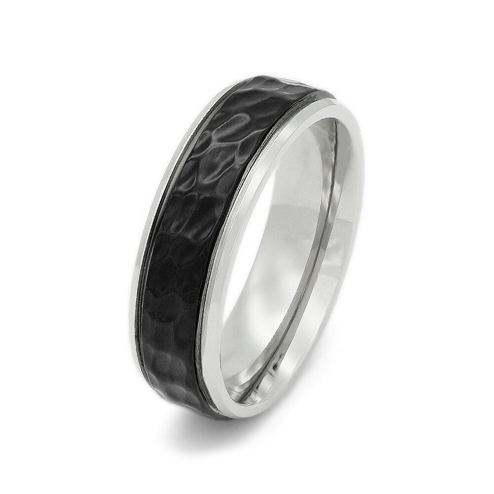 指輪 サージカルステンレス センターライン凹凸加工の段付きリング 幅6.0mm 黒 ブラック ハンマード加工｜医療用ステンレス アクセサリー レディース メンズ