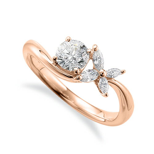 指輪 18金 ピンクゴールド 天然石 マーキスメレが花モチーフのサイドストーンリング 主石の直径約5.2mm V字 四本爪留め｜K18PG k18 18k 貴金属 ジュエリー レディース メンズ