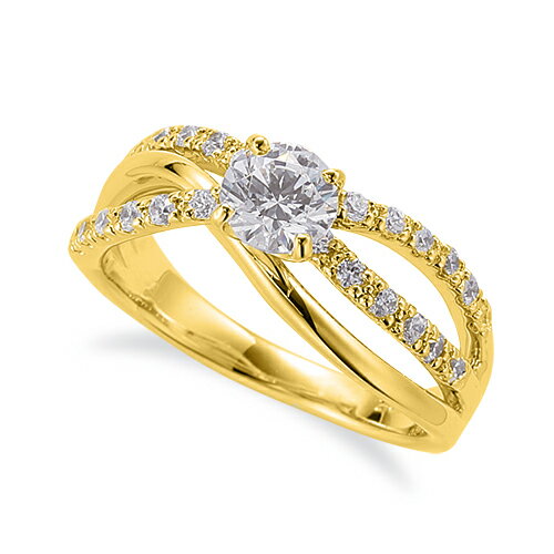 指輪 18金 イエローゴールド 天然石 クロスラインのサイド二文字リング 主石の直径約5.2mm ウェーブ 割り腕 四本爪留め｜K18YG k18 18k 貴金属 ジュエリー レディース メンズ