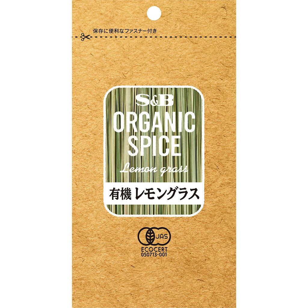 一括表示品名：有機レモングラス原材料名：有機レモングラス賞味期限：(例)0000. 0. 0保存方法：直射日光、高温多湿を避けて保存してください。内容量：3g原産国名：エジプト販売者：エスビー食品株式会社　東京都中央区日本橋兜町18-6加工所：東京食品産業株式会社　栃木県佐野市並木町358　　　　※東京食品産業は、エスビー食品のグループ会社です。納期情報（商品発送予定日）についてご注意ください商品の納期情報を表示させていただいておりますが、当店は、商品在庫を複数店舗で共有しております。ご注文のタイミングによっては、在庫の状況により発送までにお時間を頂戴する場合がございます。その際は、メールにてご連絡致します。※交通機関の不具合や悪天候などそのほかの不可抗力が生じた場合には、商品の到着時間帯および到着日が前後することがありますのでご了承願います。ORGANIC　SPICE　袋入り有機レモングラス3gこの製品は安全・安心・環境に配慮し有機栽培原料を使用した有機JAS認定のシリーズです。スープやドリンクに、さわやかな香りを。タイカレー、スープ、ハーブティーなどに。保存に便利なファスナー付袋です。