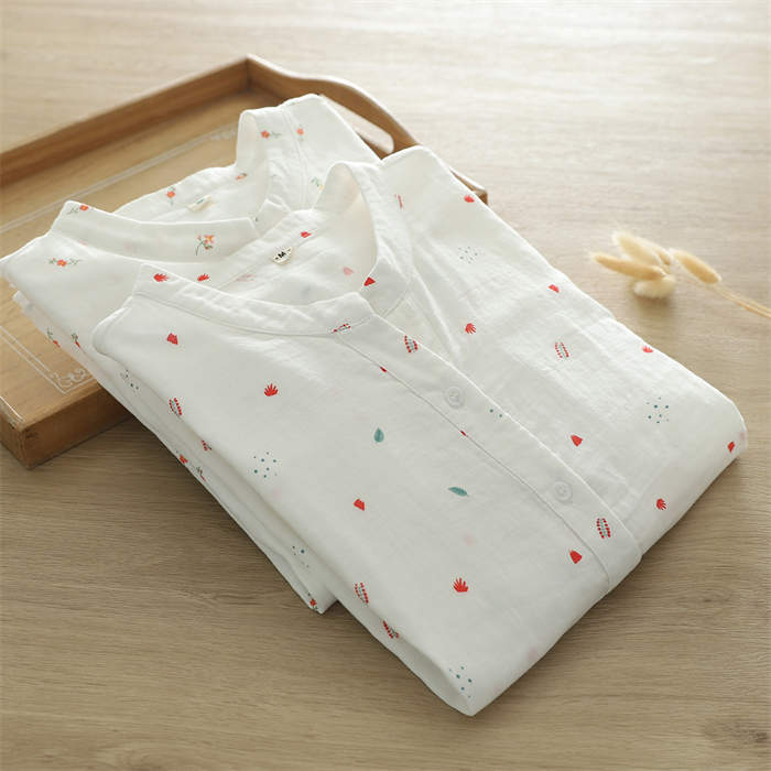 シャツ レディース 柄 ブラウス トップス 白シャツ ダブルガーゼ スタンドカラー 綿100% 長袖 春秋 おしゃれ ゆったり きれいめ カジュアル シンプル ふんわり きれいめ 体型カバー 花柄 お呼ばれ 通勤 通学 セレモニー ベージュ ブルー M L XL