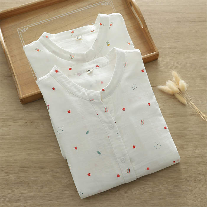 シャツ レディース 柄 ブラウス トップス 白シャツ ダブルガーゼ スタンドカラー 綿100% 長袖 春秋 おしゃれ ゆったり きれいめ カジュアル シンプル ふんわり きれいめ 体型カバー 花柄 お呼ばれ 通勤 通学 セレモニー ベージュ ブルー M L XL