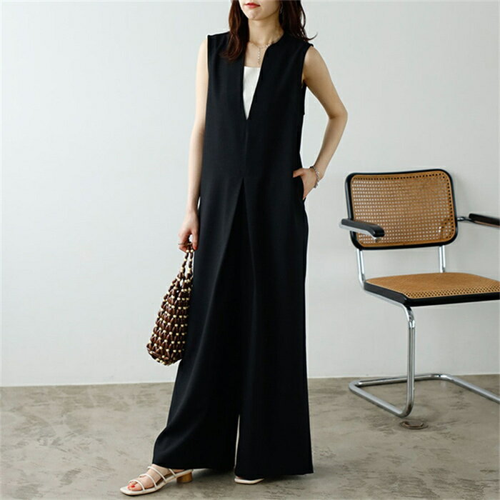 オールインワン レディース ノースリーブ vネック サロペット きれいめ つなぎ ワイドパンツ サロぺ パンツ ロング オーバーオール きれいめ ゆったり 大人 抜け感 カジュアル 大人 着やせ おしゃれ 体型カバー 膝下丈 カジュアル 楽ちん 通勤 ブラック F
