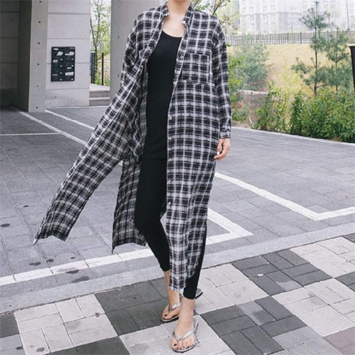 ロングシャツ レディース チェック柄 春 夏 秋 トップス ライトアウター 羽織り ワンピース ワンピース ブラウス オーバーシャツ 長袖 前開き サイドスリット タータンチェック レトロ ガーリー ナチュラル 体型カバー 楽ちん お出かけ 休日 アウトドア 通勤 オフィス
