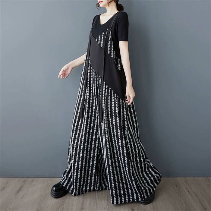 サロペット レディース オールインワン 大きいサイズ マキシ丈 春 夏 ロング丈 オーバーオール レイヤード ワイドパンツ ドッキング ストライプ Vネック 切り替え おしゃれ オフィス 通勤 着痩せ ゆったり レトロ OL シンプル 着回し 楽ちん 体型カバー