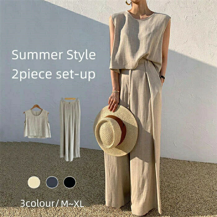 セットアップ レディース カジュアル 夏 ワイドパンツ きれいめ パンツスーツ 2点セット ノースリーブ ブラウス 上下セット パンツセット 綿麻 タンク ワイド ガチョウ ガチョウパンツ ゆったり 無地 涼しい 低身長 高身長 オフィスのサムネイル
