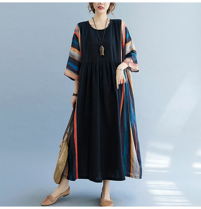ワンピース ロングワンピース マキシワンピース きれいめ 春 夏 五分袖 半袖 エスニック コットンリネン 綿麻 プリント リゾートワンピース ワンピ 大きいサイズ カジュアル 大人 20代30代40代50代 ゆったり 体型カバー
