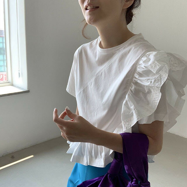 Tシャツ カットソー レディース 春夏 半袖 tシャツ トップス プルオーバー バー クルーネック フリル袖 綿 無地 ギャザー きれいめ オフィスカジュアル 着痩せ フェミニン 20代 30代 40代 春 夏 白 黒 ホワイト ブラック